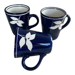 Dansk Sureau Coffee Tea Mugs Cups Set of 3 Handpainted  White Leaves Cobalt Blue